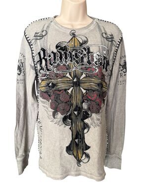 Raw State "Redemption" long-sleeve  thermal gray black Bold Stitch cross roses